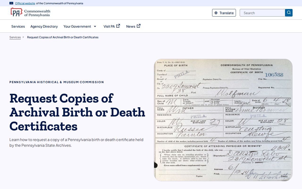 Northampton Township previous residents archival vital-record research through Pennsylvania State Archives