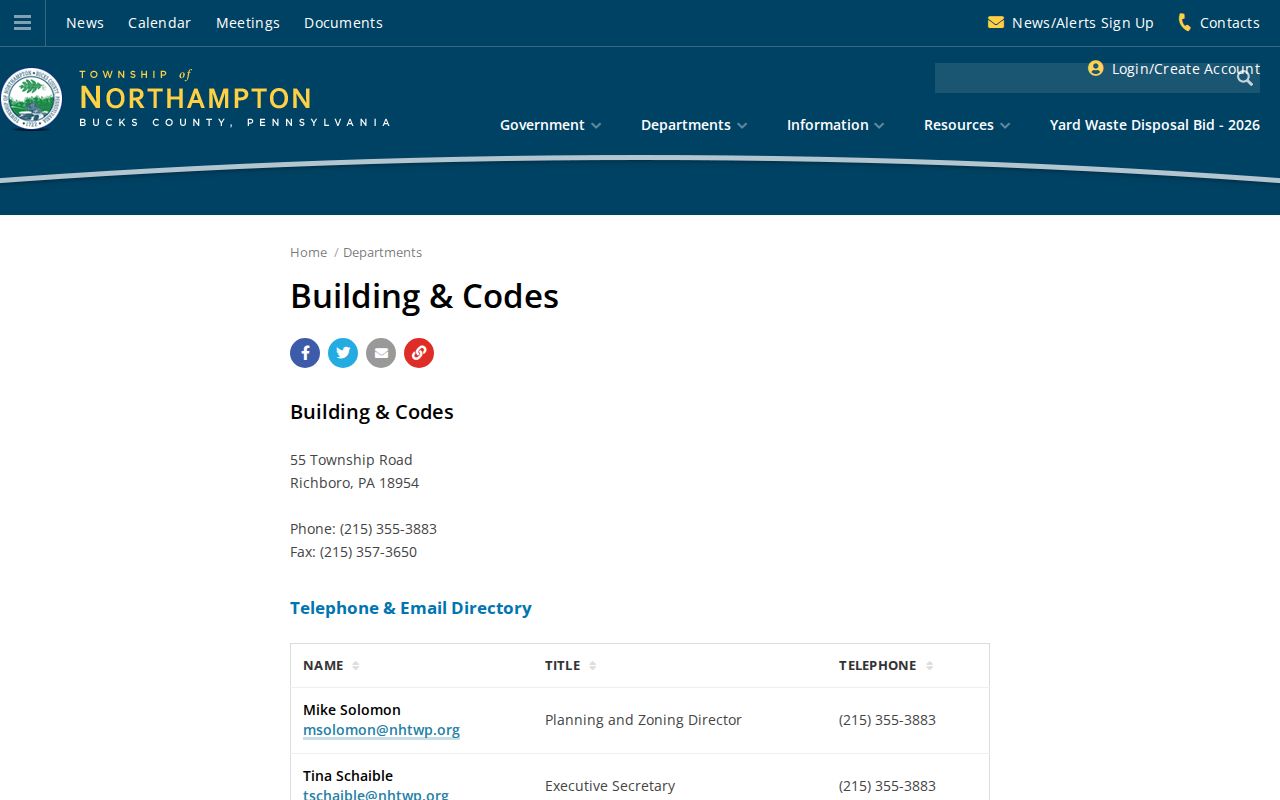Northampton Township street directory Building and Codes records source