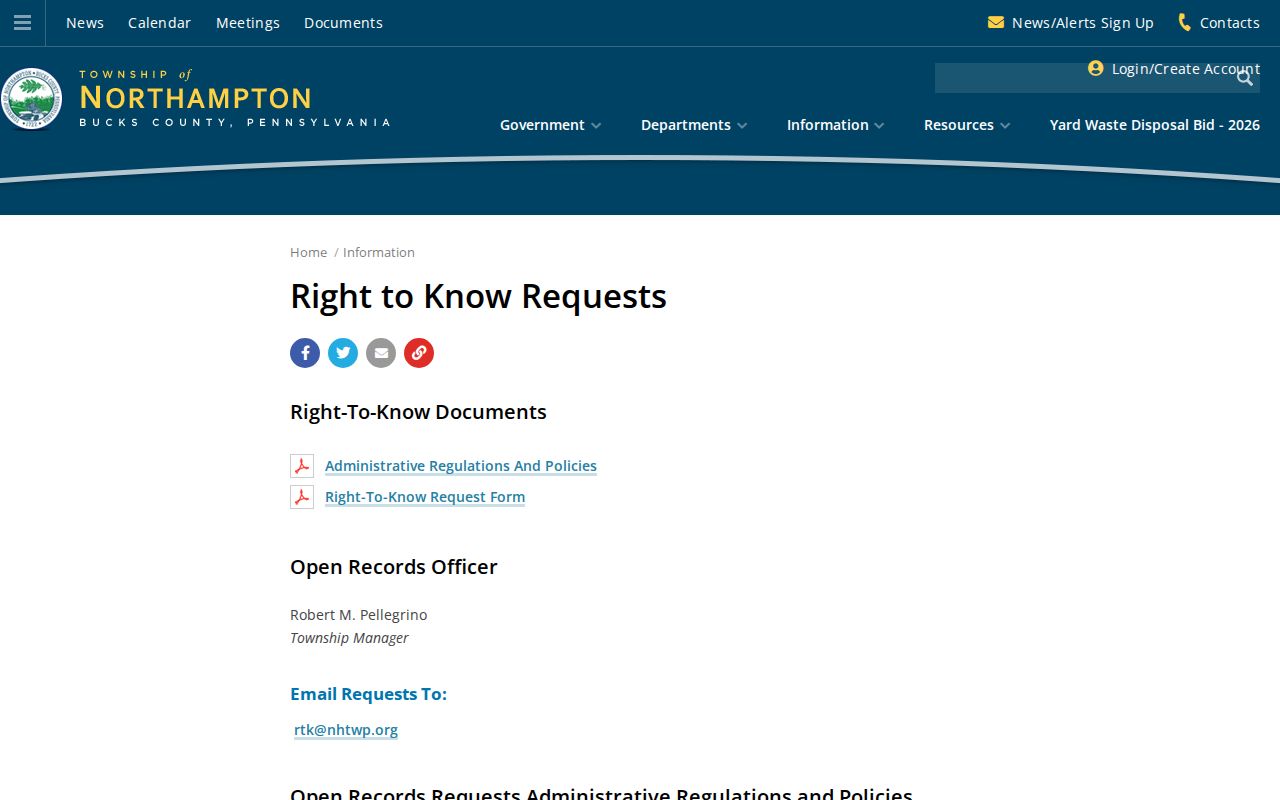 Northampton Township street directory Right-to-Know request route